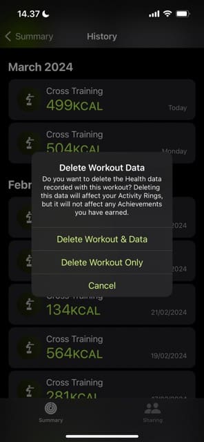 Delete Workout Options in the Activity App
