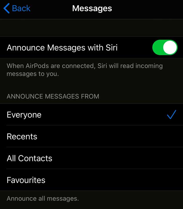 choose how Siri announces messages