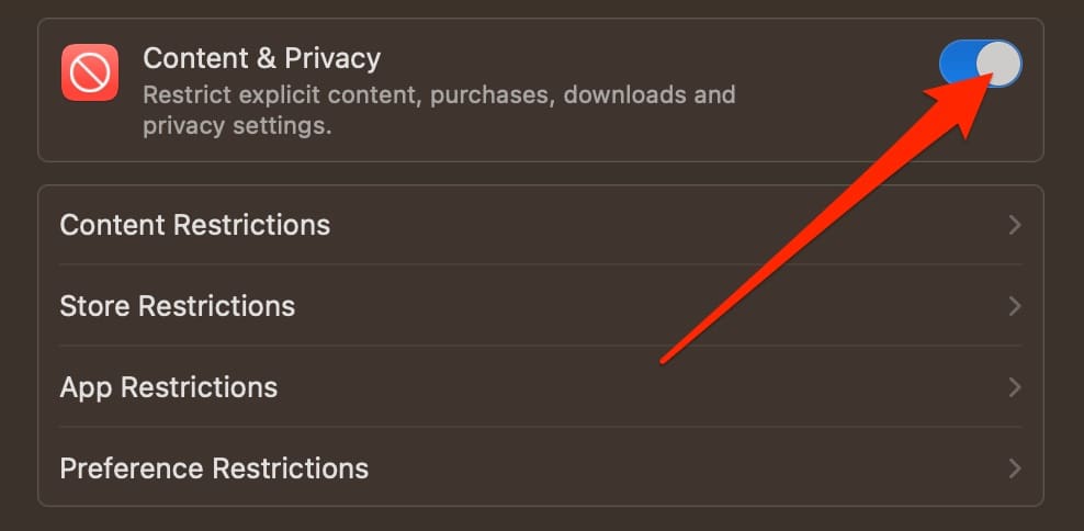 Content and Privacy Toggle Mac Screenshot