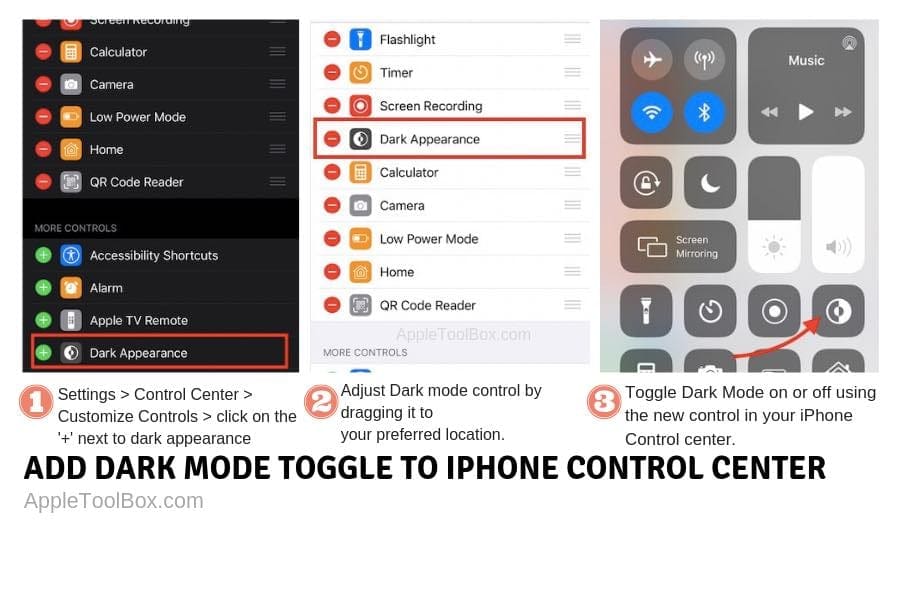 How to use control center to toggle dark mode on iPhone
