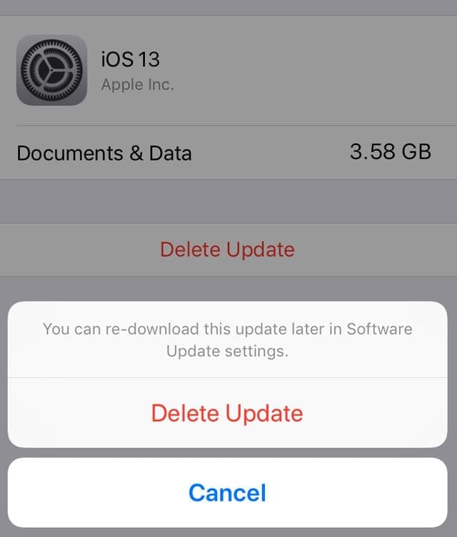 delete iOS 13 software update from iPhone