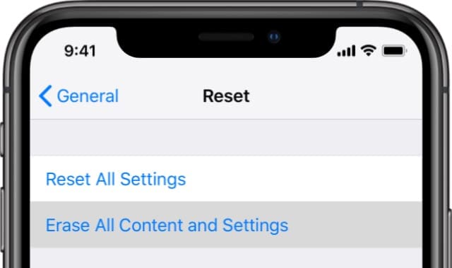 Erase All Content and Settings option in iPhone XS