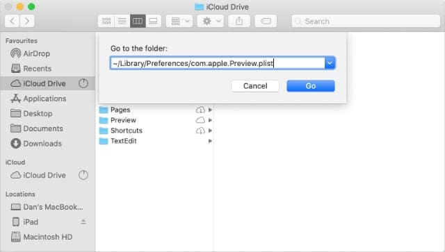 Go to Folder window in Finder going to Preview Preferences