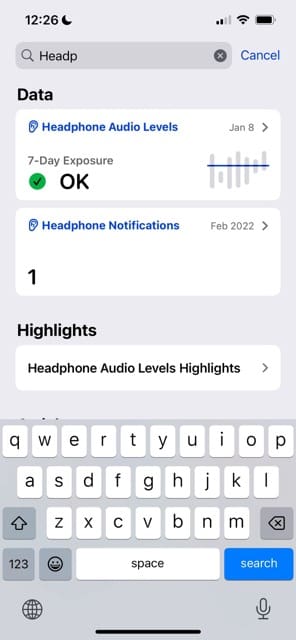 Headphone levels in Health app search