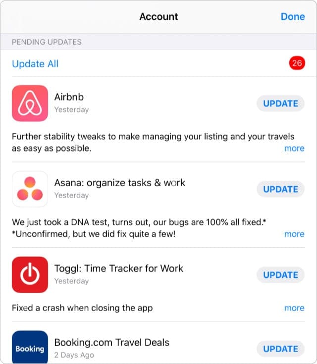 List of update notes from the App Store