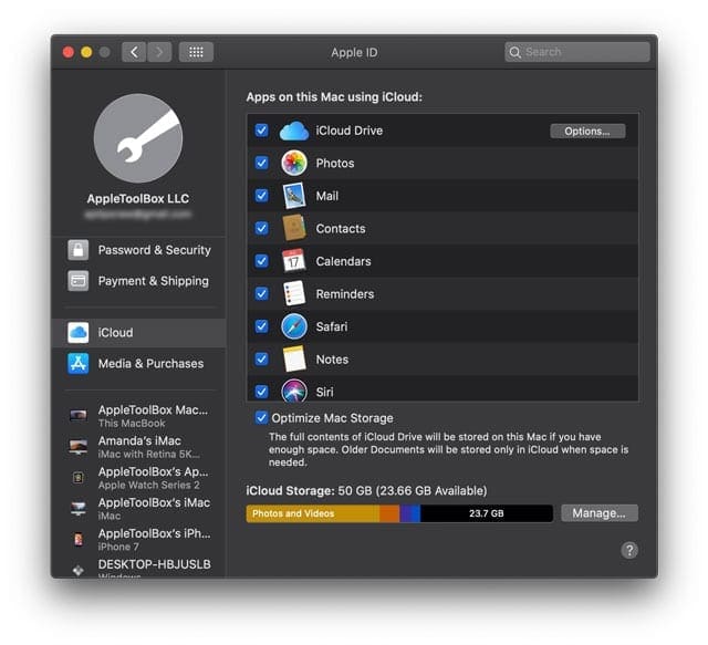 macOS iCloud options in macOS Catalina