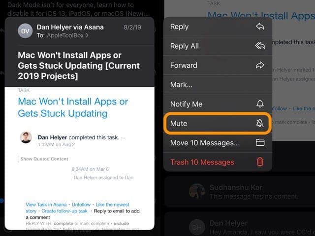 Mute in Mail App Quick Actions