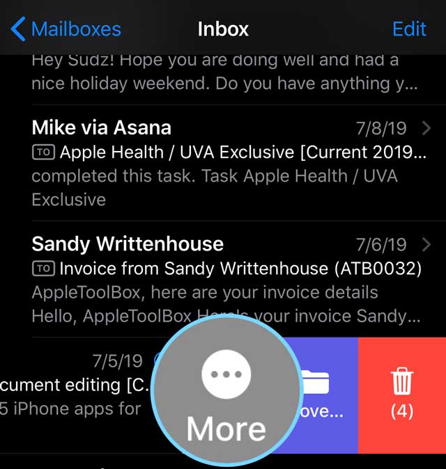 Mail app more option when swiping an email on iPhone