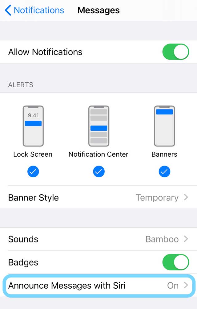 Notification settings for Messages App