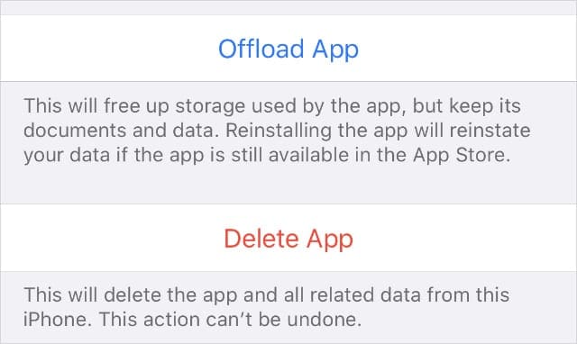 Offload and Delete App buttons from iPhone Storage Settings