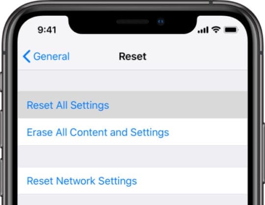 Reset All Settings in iOS on iPhone XS