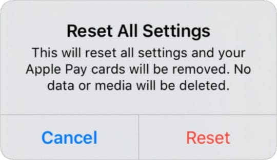 Reset All Settings warning alert pop-up window in iPad settings