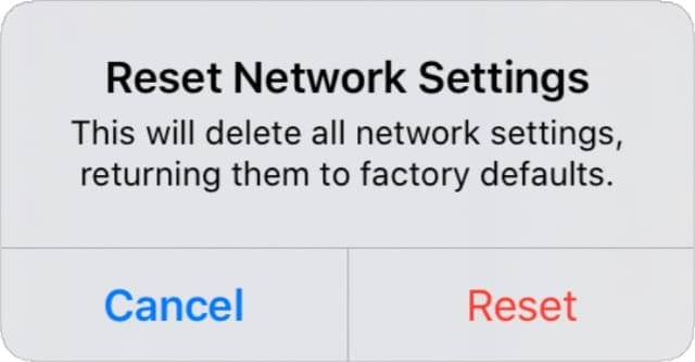 Reset Network Settings warning alert pop-up window in iPad settings