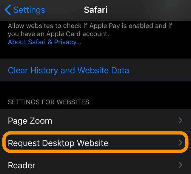 Safari setting for desktop website settings request