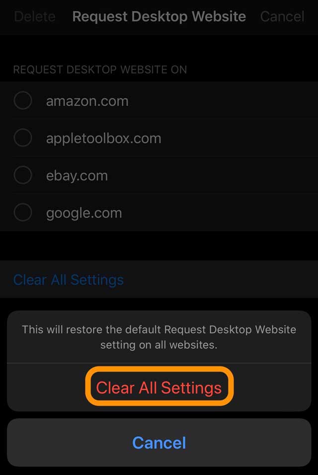 clear all sites from showing desktop version iOS 13