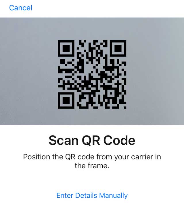eSIM QR code scan on iPhone