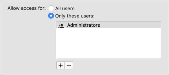 Screen Sharing access options showing an Administrators group