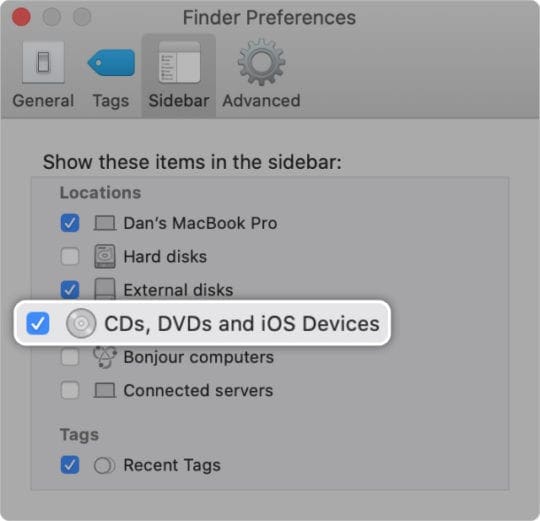 Sidebar view options in Finder showing CDs, DVDs and iOS Devices