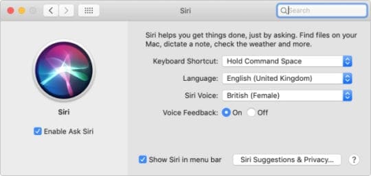 Siri settings in macOS