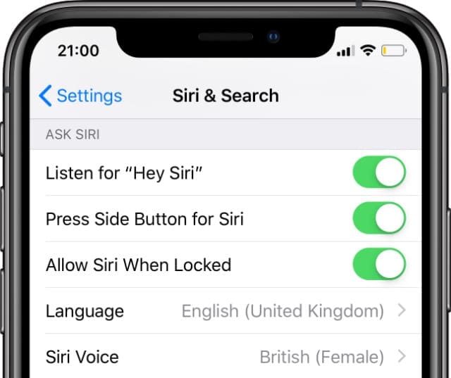 Siri settings on iPhone XS