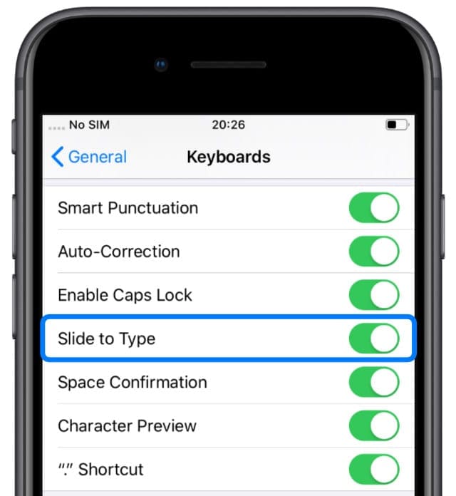 Slide to Type option in iOS 13 Keyboard settings on iPhone 8