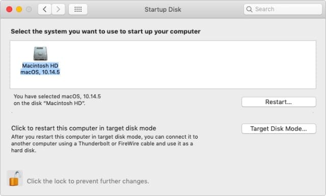 Startup Disk window in macOS