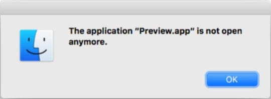 «Приложение Preview.app больше не открыто».  Сообщение об ошибке