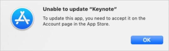 Unable to update app alert