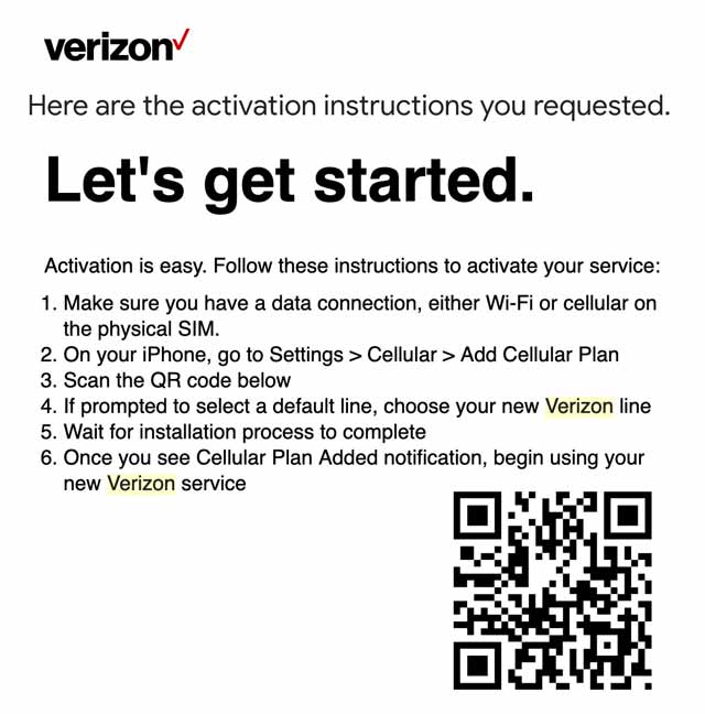 Qr code for eSIM activation from Verizon