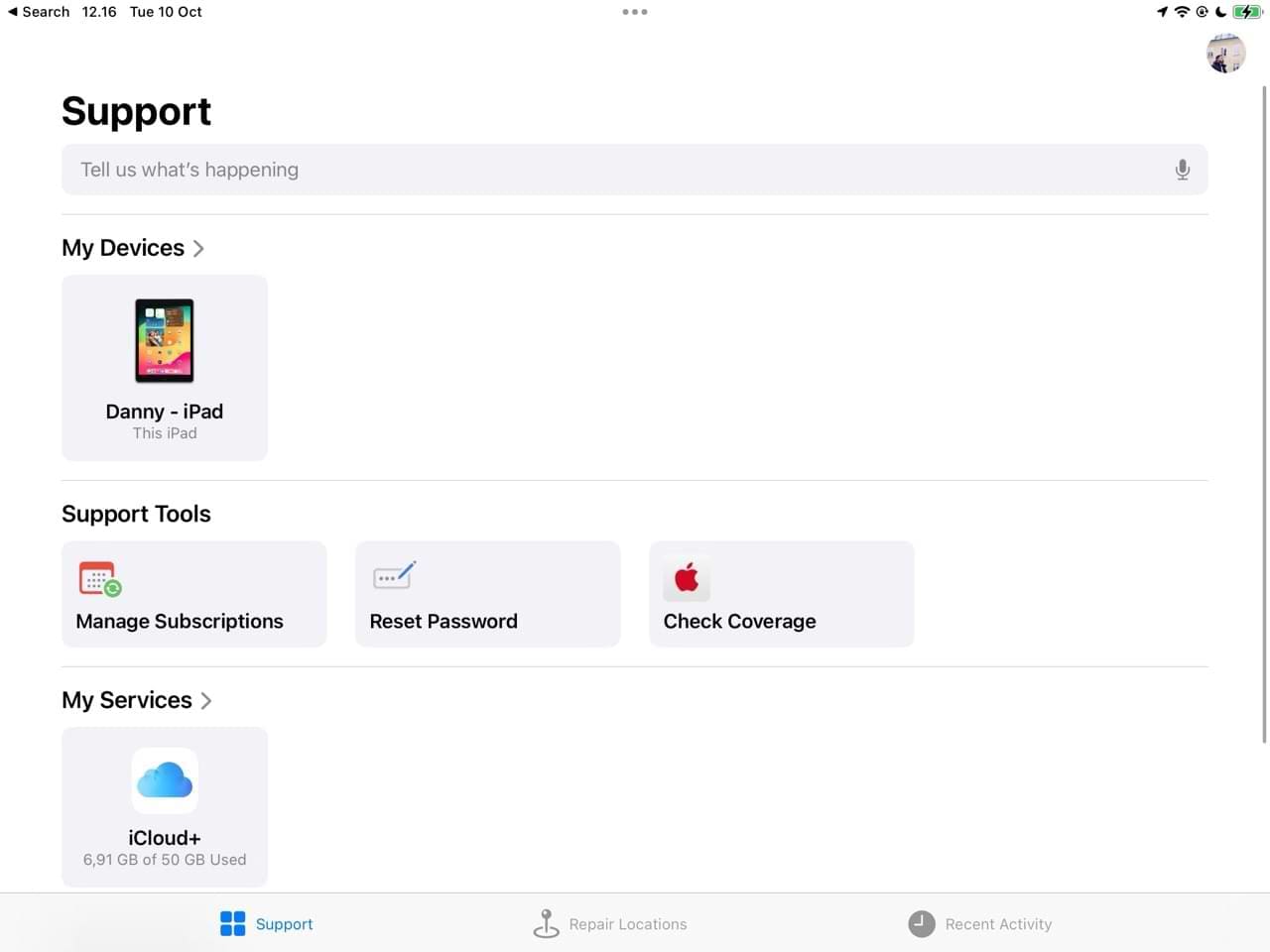 The Apple Support App on iPad