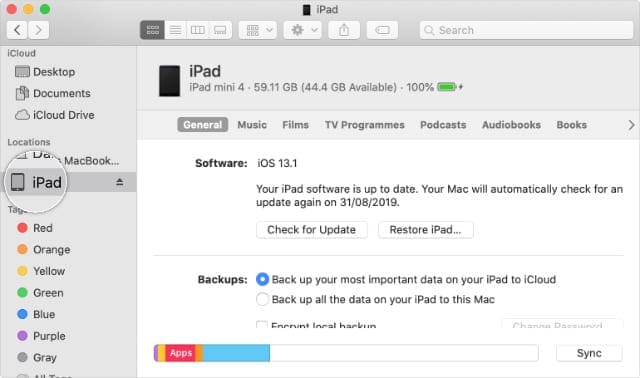 iPad option under Locations in Finder Sidebar on macOS Catalina