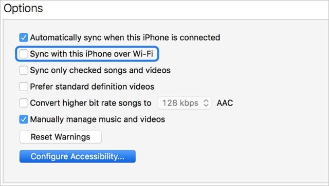 iTunes option to sync iPhone over Wi-Fi