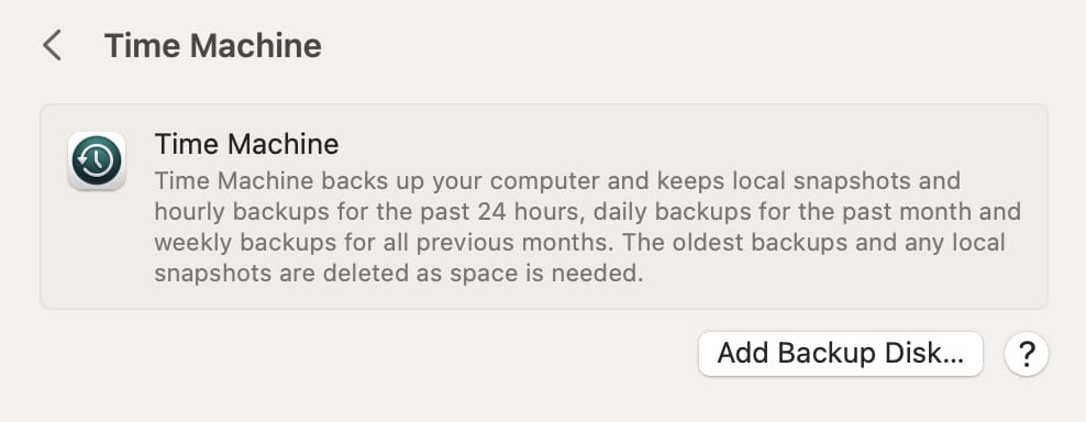 Add a backup disk on System Settings macOS
