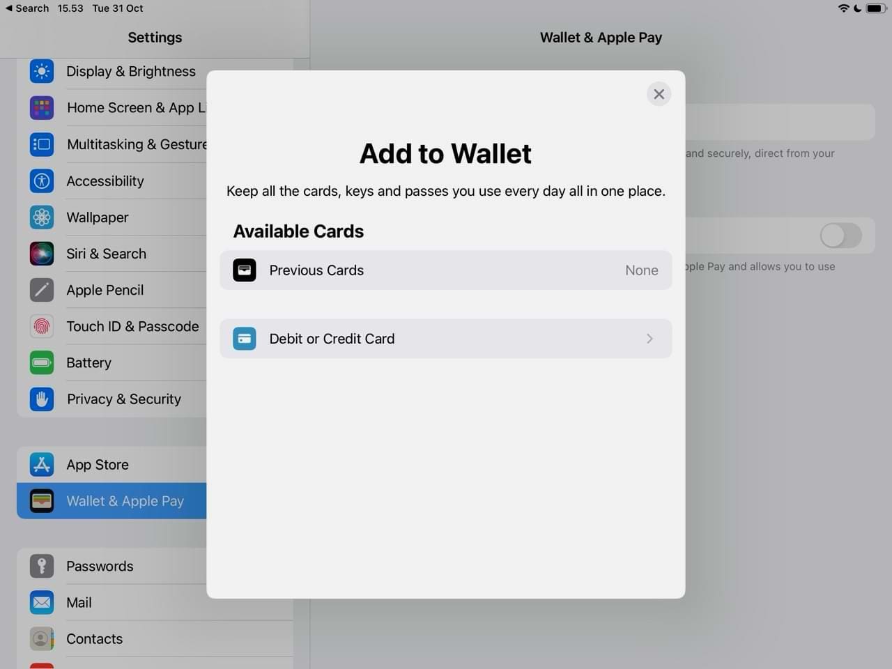 Option to add a new card on iPadOS