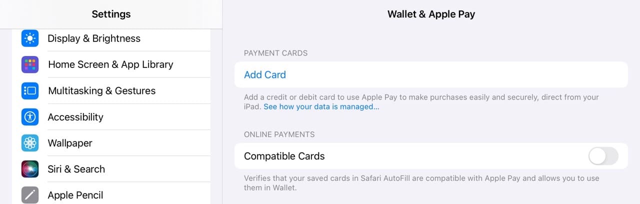 Add a new payment card on iPadOS