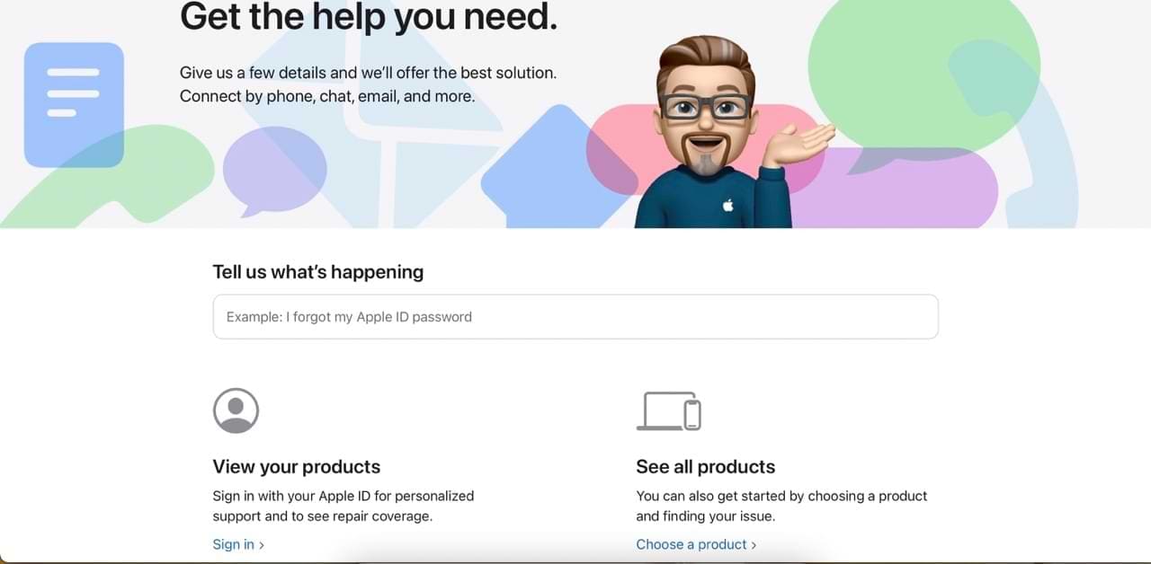 The homepage of the Apple Support website