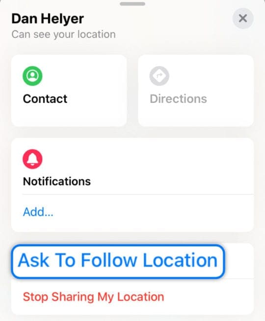 Ask To Follow Location button on friend information in Find My