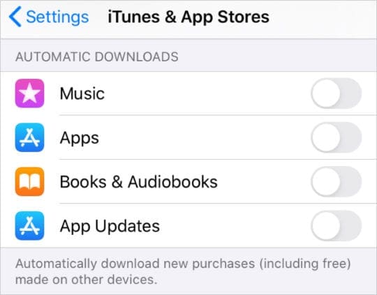 Automatic Downloads turned off for iTunes and App Store Settings
