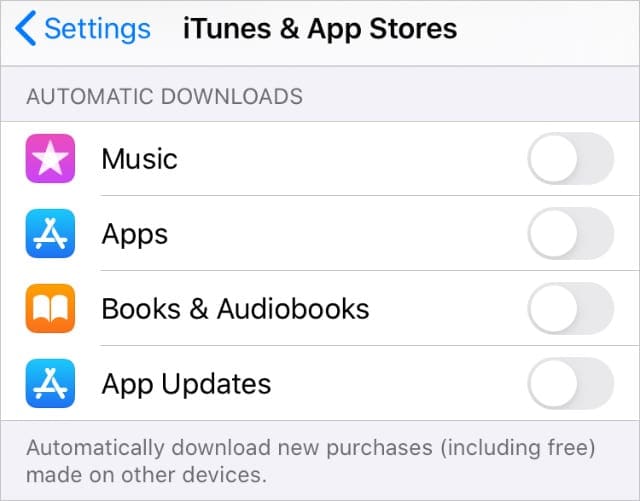 Automatic Downloads turned off for iTunes and App Store Settings