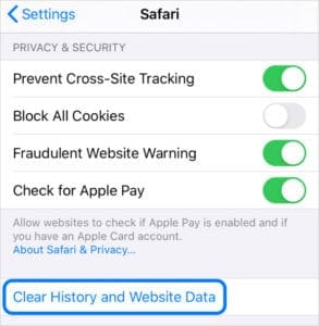 Clear History and Website Data button in Safari Settings on iPhone