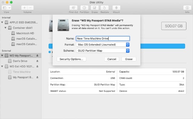 Disk Utility reformat window with Time Machine compatible settings