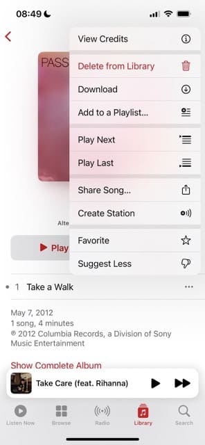 The dropdown menu for downloading an Apple Music song
