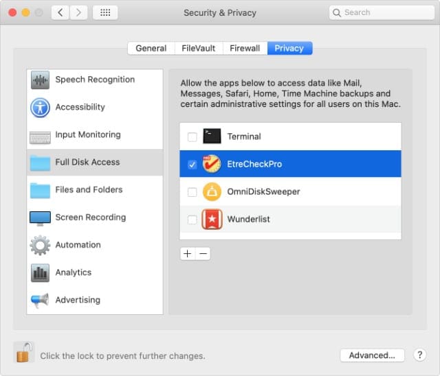 Full Disk Access window in Security & Privacy System Preferences