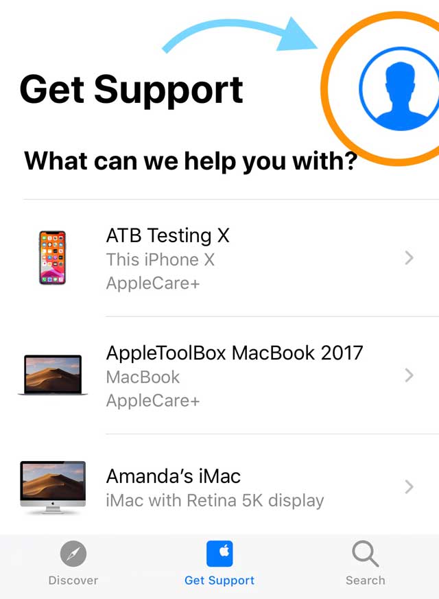 profile icon in Apple Support app