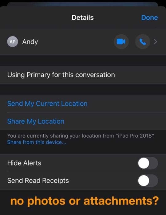 no photos or attachments in details of message app conversations or threads
