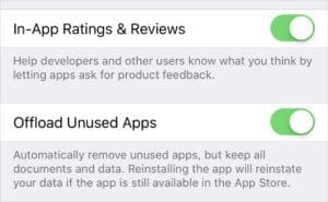 Offload Unused Apps button in iTunes and App Store Settings
