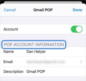 POP email account in iPhone Settings