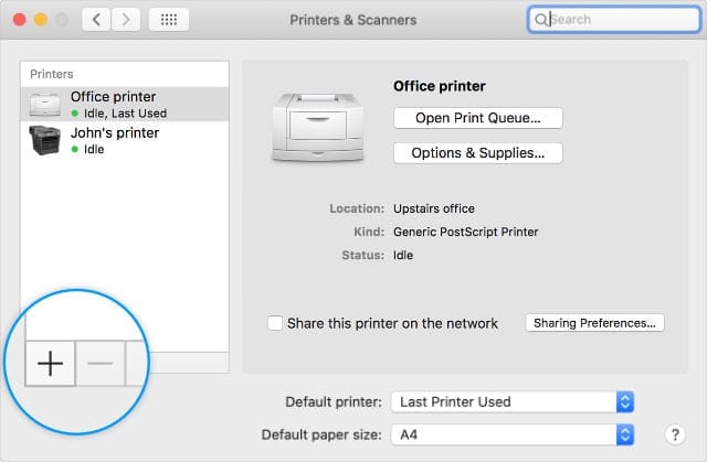Printers & Scanners System Preferences add and minus buttons