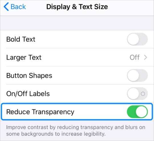 Reduce Transparency button in iPhone Accessibility Settings