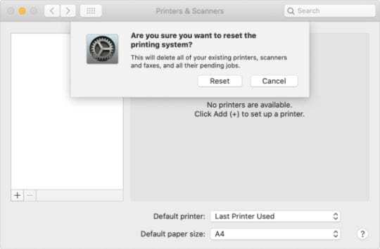 Reset the printing system confirmation pop-up